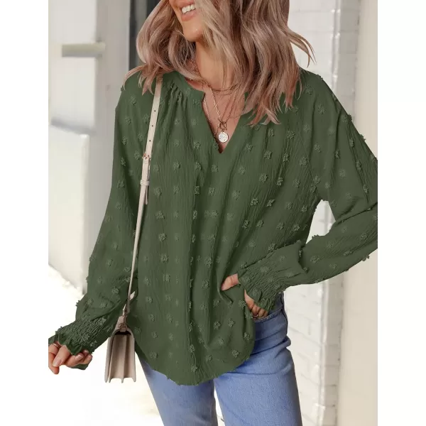 imageZESICA Womens Fall Fashion 2024 Blouses Loose Long Sleeve Business Casual Shirts V Neck Trendy TopsArmy
