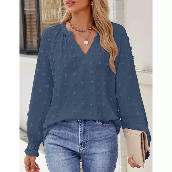 imageZESICA Womens Fall Fashion 2024 Blouses Loose Long Sleeve Business Casual Shirts V Neck Trendy TopsDarkblue