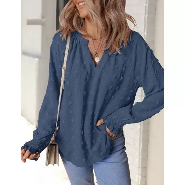 imageZESICA Womens Fall Fashion 2024 Blouses Loose Long Sleeve Business Casual Shirts V Neck Trendy TopsDarkblue