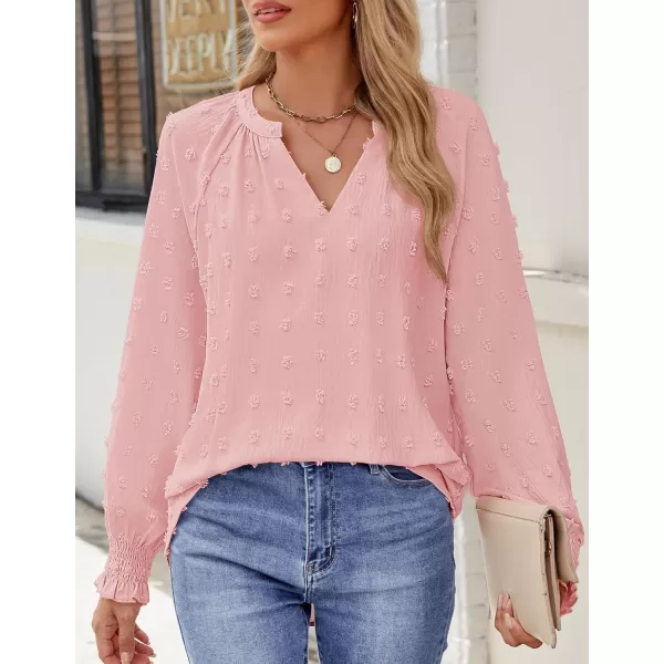 imageZESICA Womens Fall Fashion 2024 Blouses Loose Long Sleeve Business Casual Shirts V Neck Trendy TopsPink