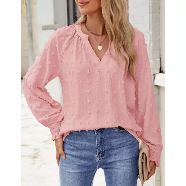 imageZESICA Womens Fall Fashion 2024 Blouses Loose Long Sleeve Business Casual Shirts V Neck Trendy TopsPink