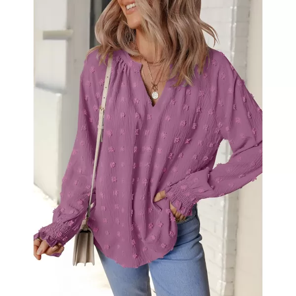 imageZESICA Womens Fall Fashion 2024 Blouses Loose Long Sleeve Business Casual Shirts V Neck Trendy TopsPurple