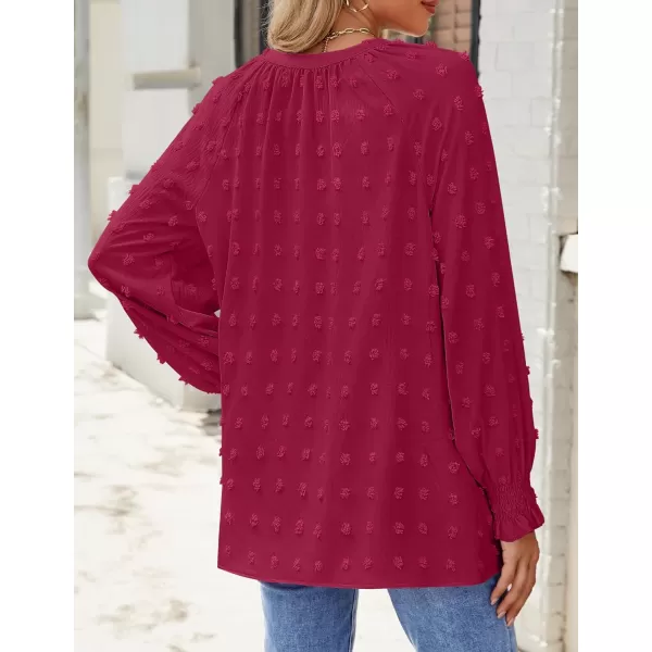 imageZESICA Womens Fall Fashion 2024 Blouses Loose Long Sleeve Business Casual Shirts V Neck Trendy TopsRedwine