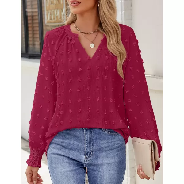 imageZESICA Womens Fall Fashion 2024 Blouses Loose Long Sleeve Business Casual Shirts V Neck Trendy TopsRedwine