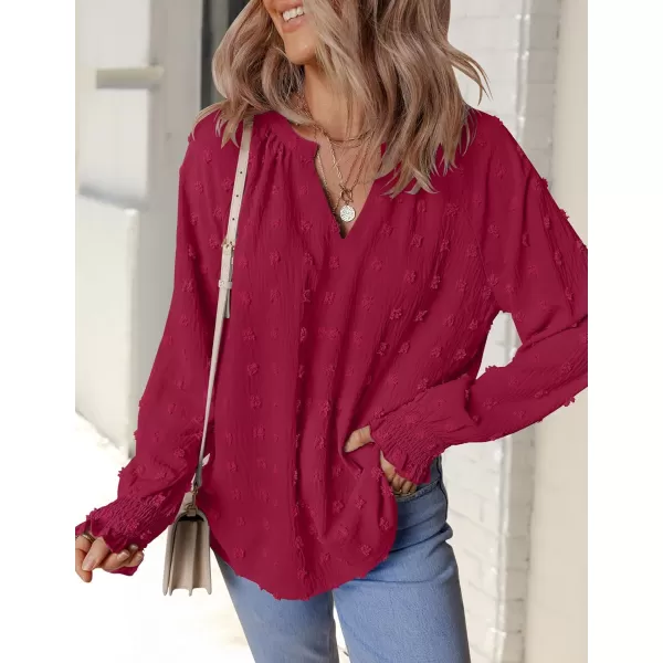 imageZESICA Womens Fall Fashion 2024 Blouses Loose Long Sleeve Business Casual Shirts V Neck Trendy TopsRedwine
