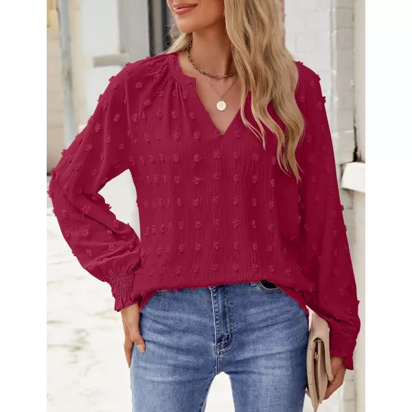 imageZESICA Womens Fall Fashion 2024 Blouses Loose Long Sleeve Business Casual Shirts V Neck Trendy TopsRedwine