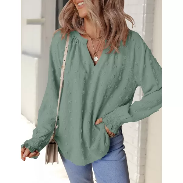 imageZESICA Womens Fall Fashion 2024 Blouses Loose Long Sleeve Business Casual Shirts V Neck Trendy TopsSage