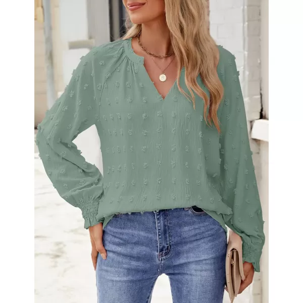 imageZESICA Womens Fall Fashion 2024 Blouses Loose Long Sleeve Business Casual Shirts V Neck Trendy TopsSage