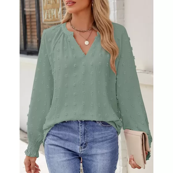 imageZESICA Womens Fall Fashion 2024 Blouses Loose Long Sleeve Business Casual Shirts V Neck Trendy TopsSage