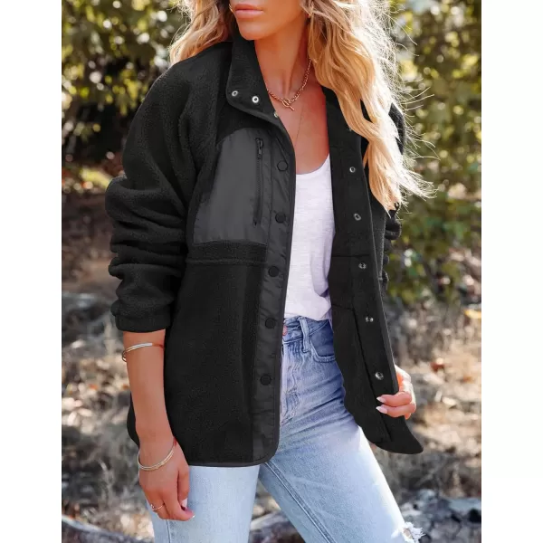 imageZESICA Womens Fall Winter Sherpa Fleece Jacket Casual Long Sleeve Button Down Fuzzy Shacket Outerwear CoatBlack