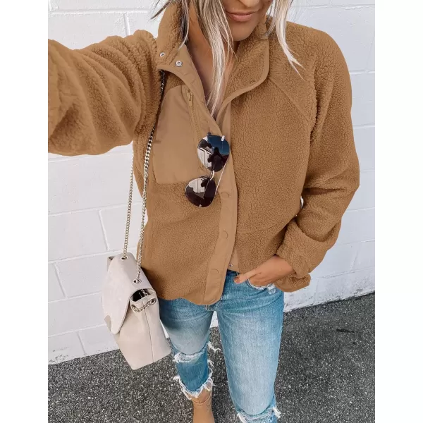imageZESICA Womens Fall Winter Sherpa Fleece Jacket Casual Long Sleeve Button Down Fuzzy Shacket Outerwear CoatCamel