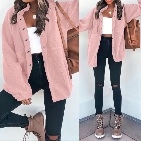 imageZESICA Womens Fall Winter Sherpa Fleece Jacket Casual Long Sleeve Button Down Fuzzy Shacket Outerwear CoatPink