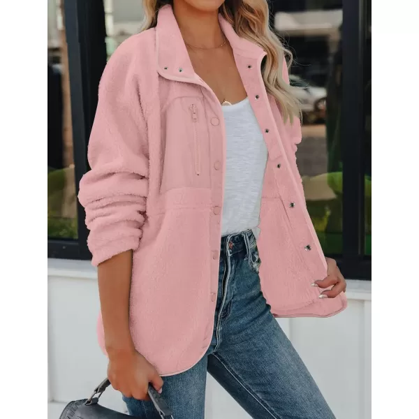 imageZESICA Womens Fall Winter Sherpa Fleece Jacket Casual Long Sleeve Button Down Fuzzy Shacket Outerwear CoatPink