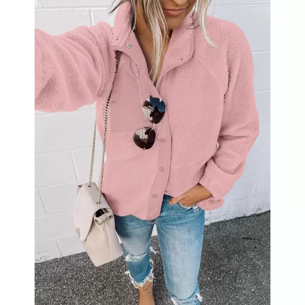 imageZESICA Womens Fall Winter Sherpa Fleece Jacket Casual Long Sleeve Button Down Fuzzy Shacket Outerwear CoatPink
