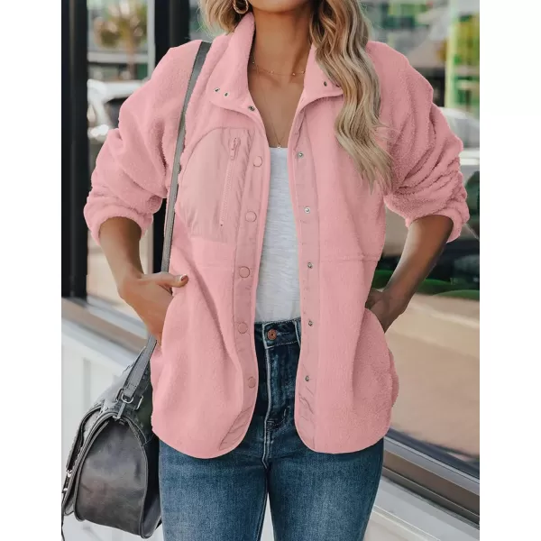 imageZESICA Womens Fall Winter Sherpa Fleece Jacket Casual Long Sleeve Button Down Fuzzy Shacket Outerwear CoatPink