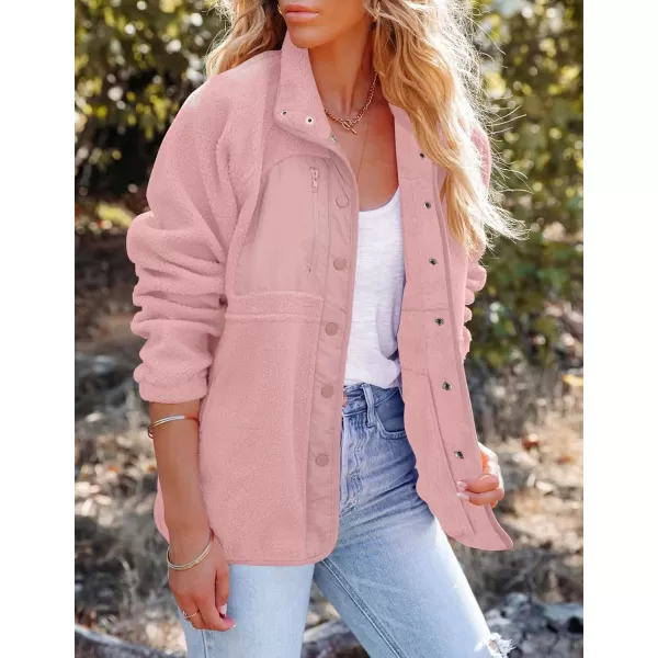 imageZESICA Womens Fall Winter Sherpa Fleece Jacket Casual Long Sleeve Button Down Fuzzy Shacket Outerwear CoatPink