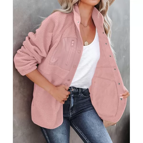 imageZESICA Womens Fall Winter Sherpa Fleece Jacket Casual Long Sleeve Button Down Fuzzy Shacket Outerwear CoatPink