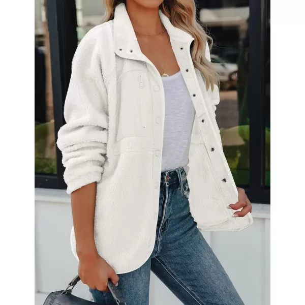 imageZESICA Womens Fall Winter Sherpa Fleece Jacket Casual Long Sleeve Button Down Fuzzy Shacket Outerwear CoatWhite