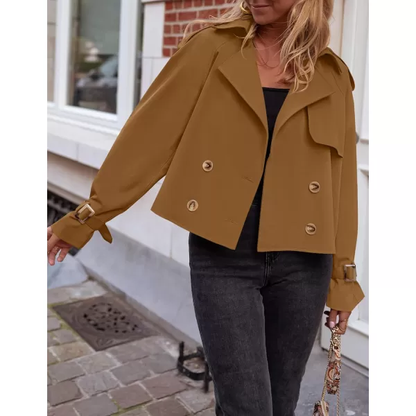 imageZESICA Womens Long Sleeve Crop Trench Coat Lapel Double Breasted Loose Casual Jacket with PocketsBrown