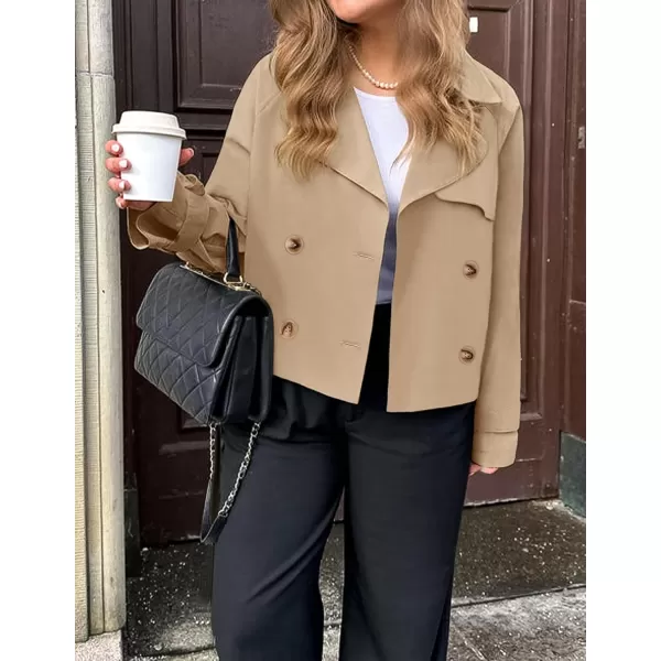 imageZESICA Womens Long Sleeve Crop Trench Coat Lapel Double Breasted Loose Casual Jacket with PocketsKhaki