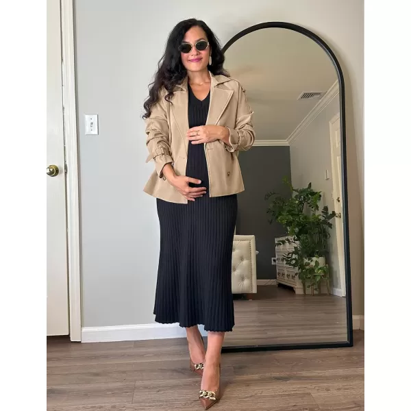imageZESICA Womens Long Sleeve Crop Trench Coat Lapel Double Breasted Loose Casual Jacket with PocketsKhaki
