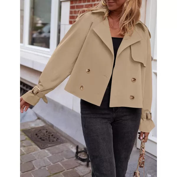 imageZESICA Womens Long Sleeve Crop Trench Coat Lapel Double Breasted Loose Casual Jacket with PocketsKhaki