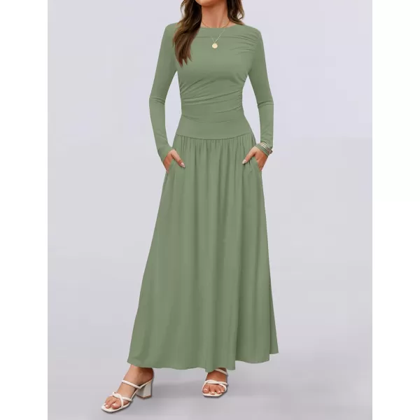 imageZESICA Womens Long Sleeve Maxi Dress 2024 Fall Crewneck Knit Casual Slim Swing Pleated Dresses with PocketsBean Green