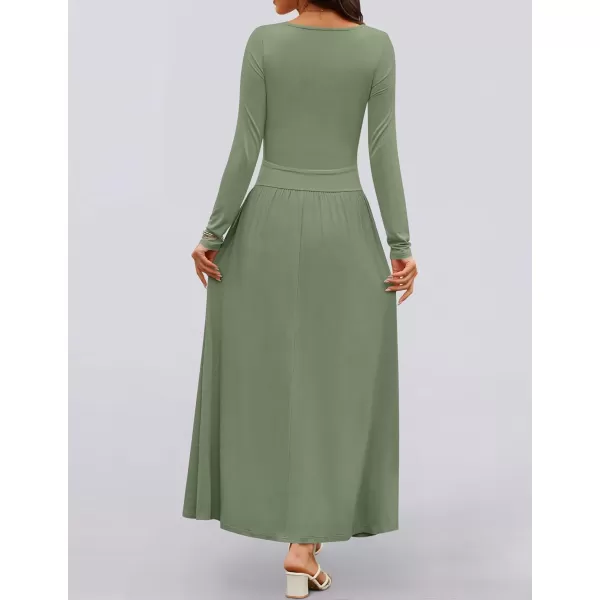 imageZESICA Womens Long Sleeve Maxi Dress 2024 Fall Crewneck Knit Casual Slim Swing Pleated Dresses with PocketsBean Green