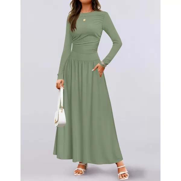 imageZESICA Womens Long Sleeve Maxi Dress 2024 Fall Crewneck Knit Casual Slim Swing Pleated Dresses with PocketsBean Green