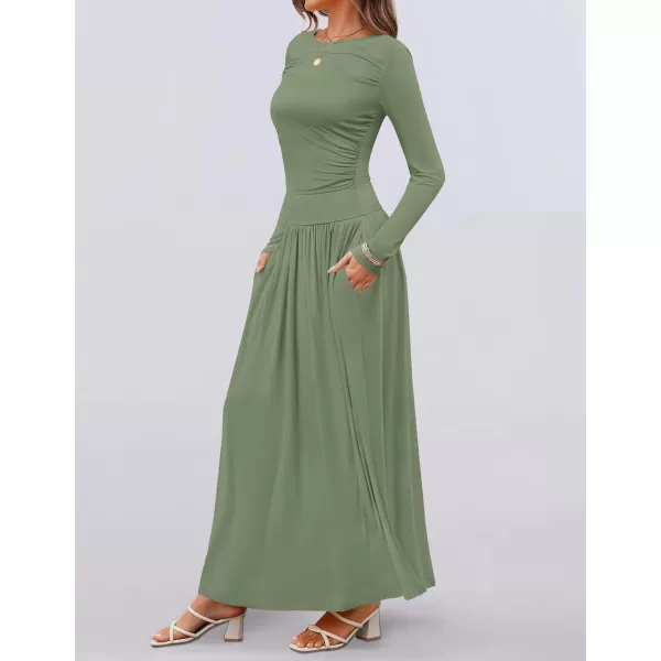 imageZESICA Womens Long Sleeve Maxi Dress 2024 Fall Crewneck Knit Casual Slim Swing Pleated Dresses with PocketsBean Green