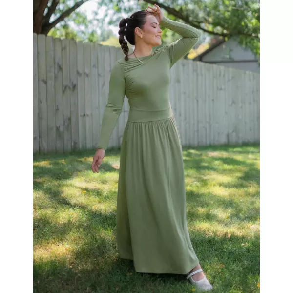 imageZESICA Womens Long Sleeve Maxi Dress 2024 Fall Crewneck Knit Casual Slim Swing Pleated Dresses with PocketsBean Green