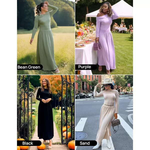 imageZESICA Womens Long Sleeve Maxi Dress 2024 Fall Crewneck Knit Casual Slim Swing Pleated Dresses with PocketsBean Green