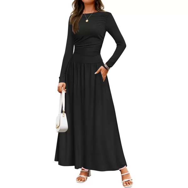 imageZESICA Womens Long Sleeve Maxi Dress 2024 Fall Crewneck Knit Casual Slim Swing Pleated Dresses with PocketsBlack