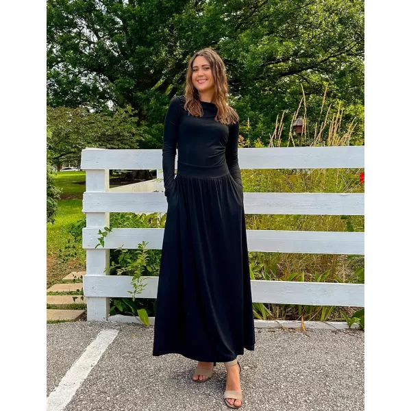 imageZESICA Womens Long Sleeve Maxi Dress 2024 Fall Crewneck Knit Casual Slim Swing Pleated Dresses with PocketsBlack