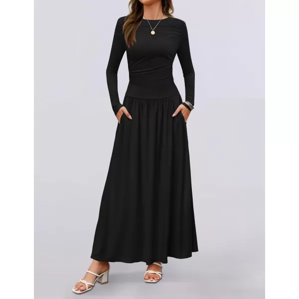 imageZESICA Womens Long Sleeve Maxi Dress 2024 Fall Crewneck Knit Casual Slim Swing Pleated Dresses with PocketsBlack