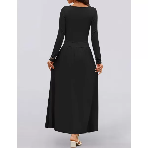imageZESICA Womens Long Sleeve Maxi Dress 2024 Fall Crewneck Knit Casual Slim Swing Pleated Dresses with PocketsBlack