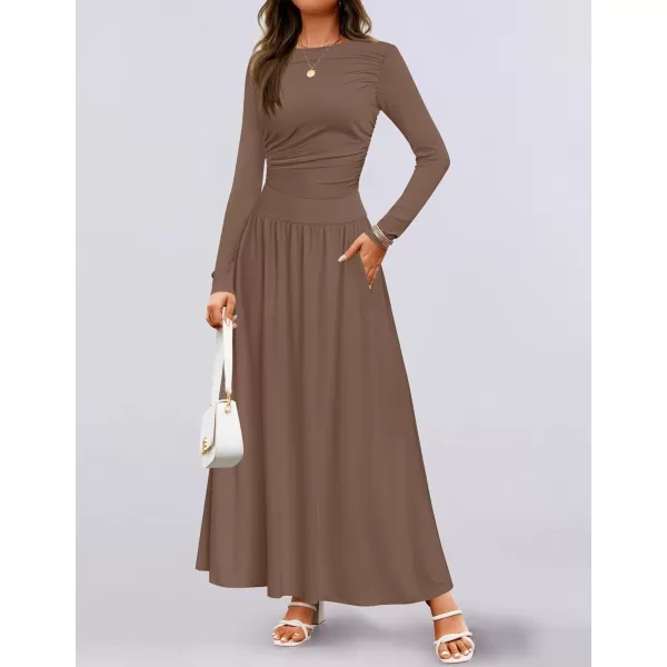 imageZESICA Womens Long Sleeve Maxi Dress 2024 Fall Crewneck Knit Casual Slim Swing Pleated Dresses with PocketsBrown