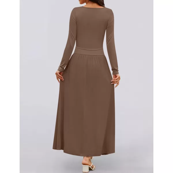 imageZESICA Womens Long Sleeve Maxi Dress 2024 Fall Crewneck Knit Casual Slim Swing Pleated Dresses with PocketsBrown
