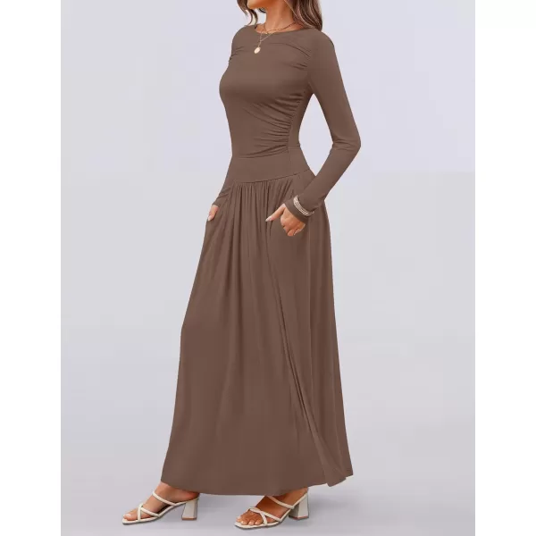imageZESICA Womens Long Sleeve Maxi Dress 2024 Fall Crewneck Knit Casual Slim Swing Pleated Dresses with PocketsBrown