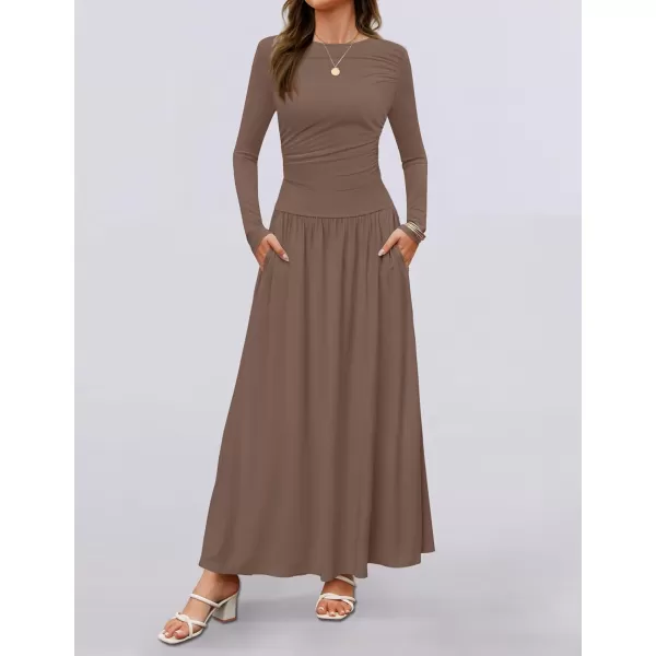 imageZESICA Womens Long Sleeve Maxi Dress 2024 Fall Crewneck Knit Casual Slim Swing Pleated Dresses with PocketsBrown