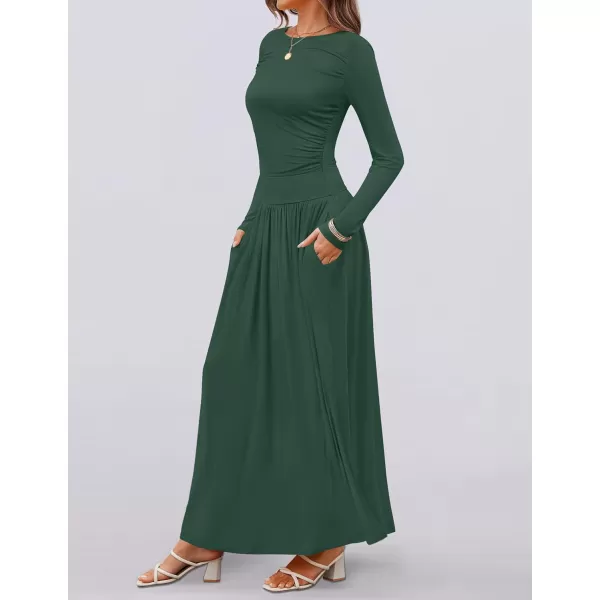 imageZESICA Womens Long Sleeve Maxi Dress 2024 Fall Crewneck Knit Casual Slim Swing Pleated Dresses with PocketsDark Green