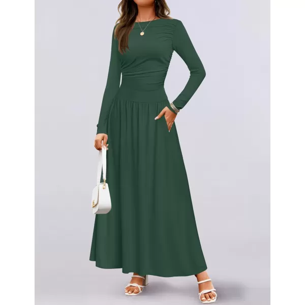 imageZESICA Womens Long Sleeve Maxi Dress 2024 Fall Crewneck Knit Casual Slim Swing Pleated Dresses with PocketsDark Green