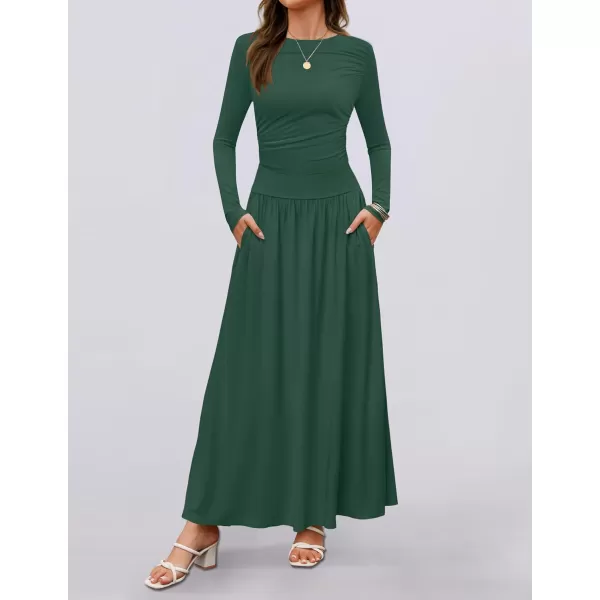 imageZESICA Womens Long Sleeve Maxi Dress 2024 Fall Crewneck Knit Casual Slim Swing Pleated Dresses with PocketsDark Green