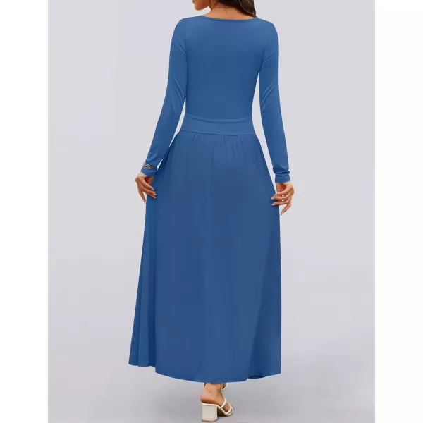 imageZESICA Womens Long Sleeve Maxi Dress 2024 Fall Crewneck Knit Casual Slim Swing Pleated Dresses with PocketsNavy