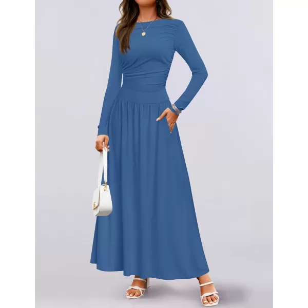 imageZESICA Womens Long Sleeve Maxi Dress 2024 Fall Crewneck Knit Casual Slim Swing Pleated Dresses with PocketsNavy