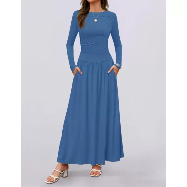 imageZESICA Womens Long Sleeve Maxi Dress 2024 Fall Crewneck Knit Casual Slim Swing Pleated Dresses with PocketsNavy