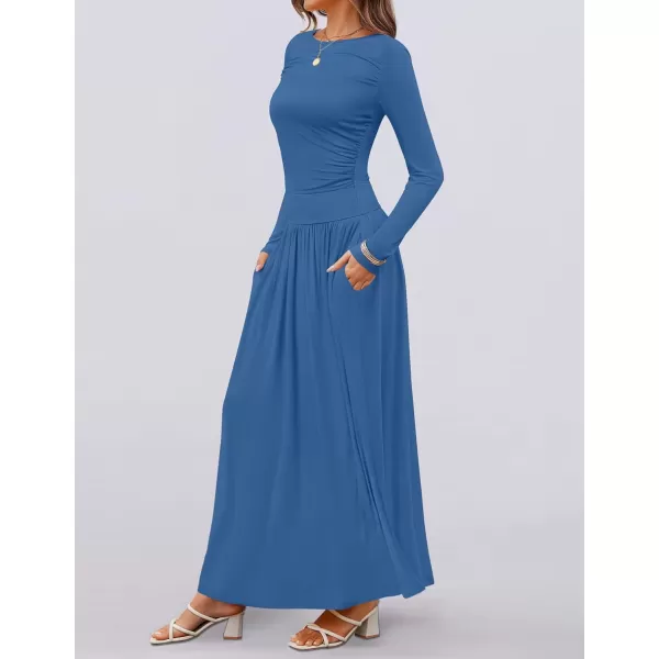 imageZESICA Womens Long Sleeve Maxi Dress 2024 Fall Crewneck Knit Casual Slim Swing Pleated Dresses with PocketsNavy