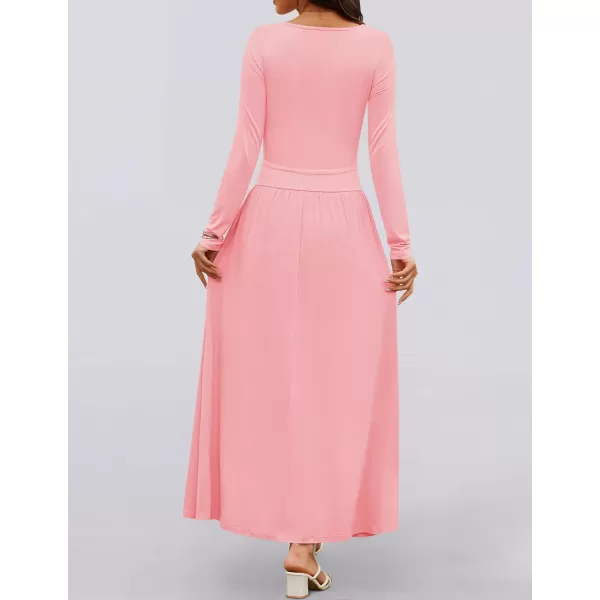 imageZESICA Womens Long Sleeve Maxi Dress 2024 Fall Crewneck Knit Casual Slim Swing Pleated Dresses with PocketsPink