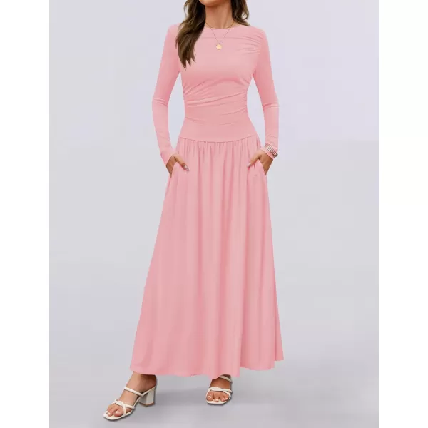 imageZESICA Womens Long Sleeve Maxi Dress 2024 Fall Crewneck Knit Casual Slim Swing Pleated Dresses with PocketsPink