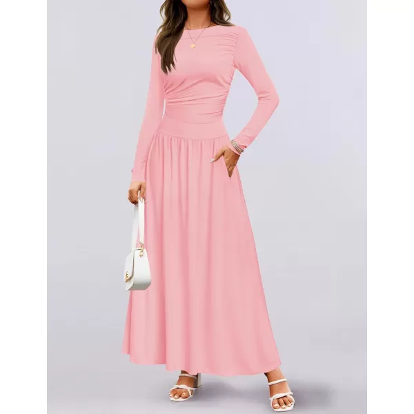 imageZESICA Womens Long Sleeve Maxi Dress 2024 Fall Crewneck Knit Casual Slim Swing Pleated Dresses with PocketsPink